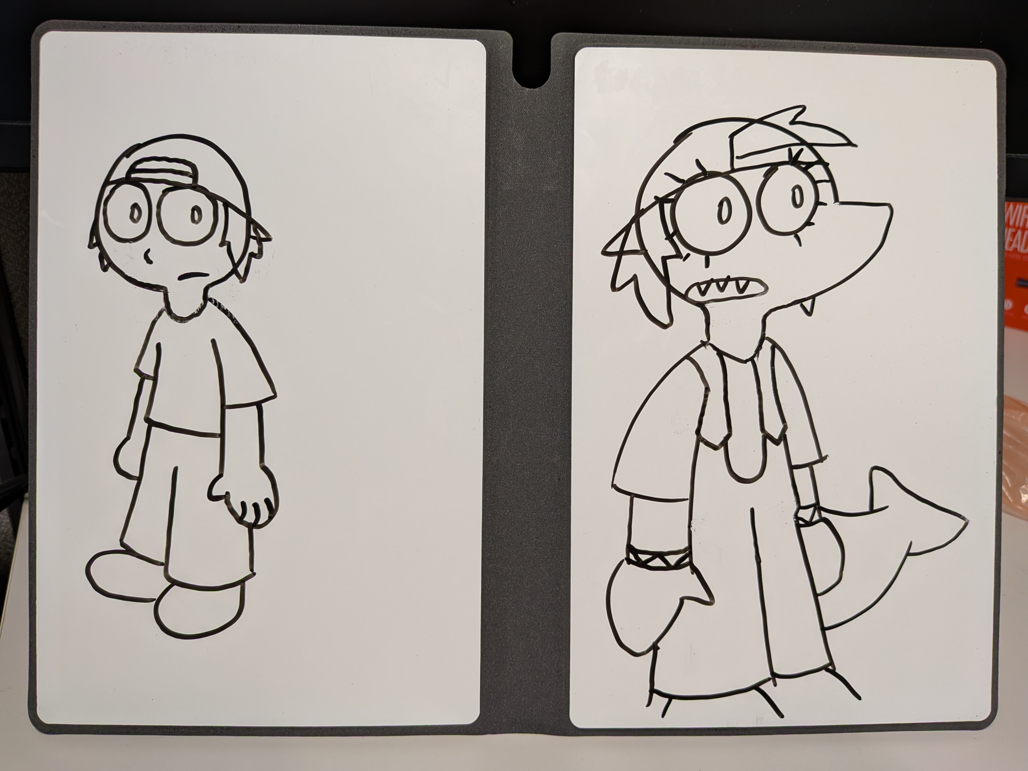 Whiteboard drawings of a human girl with a backwards cap on the left, and a girl with a snout, shark tail, and pointy hair on the right