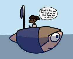 Tyler in the form of a boat, with the bow being his nose; a brown lizard biped is aboard and says "should I turn your tail on, or wait here for a while?"