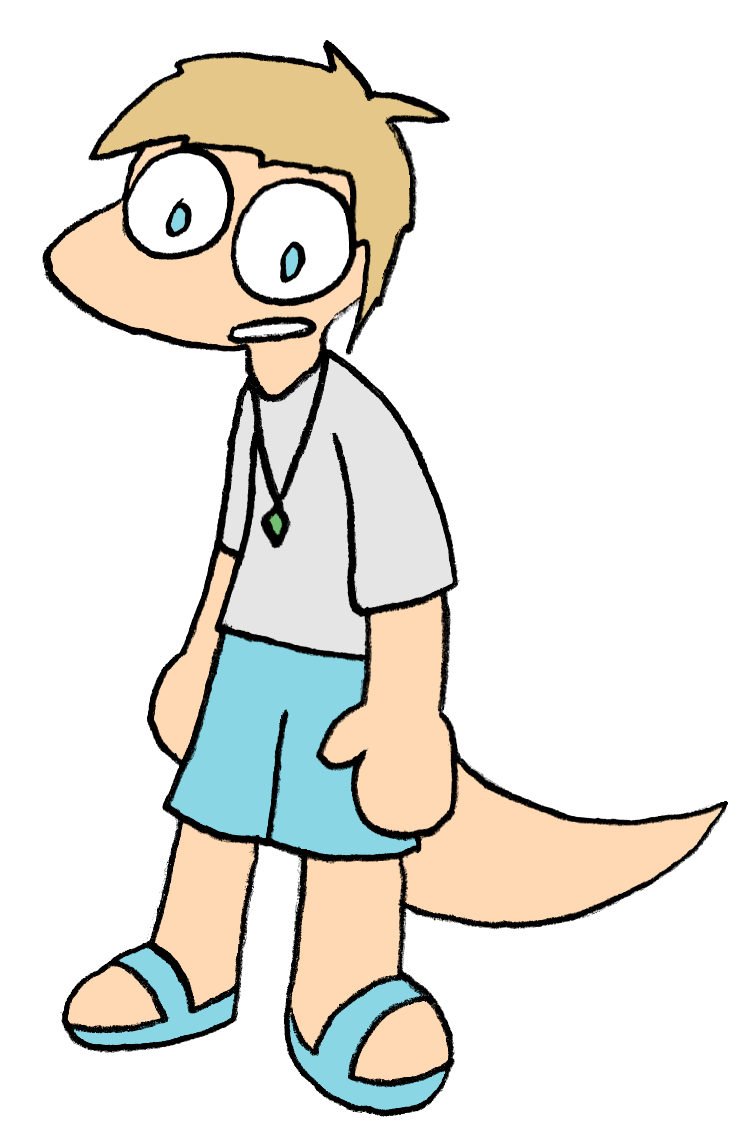 A guy in cyan shorts and sandals, with a lizard snout and tail