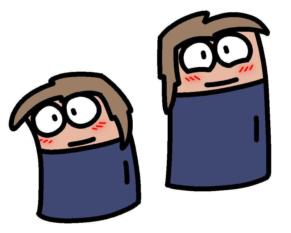 Tyler as a fridge, with human face and hair on the top, and blue on the bottom, smiling and blushing