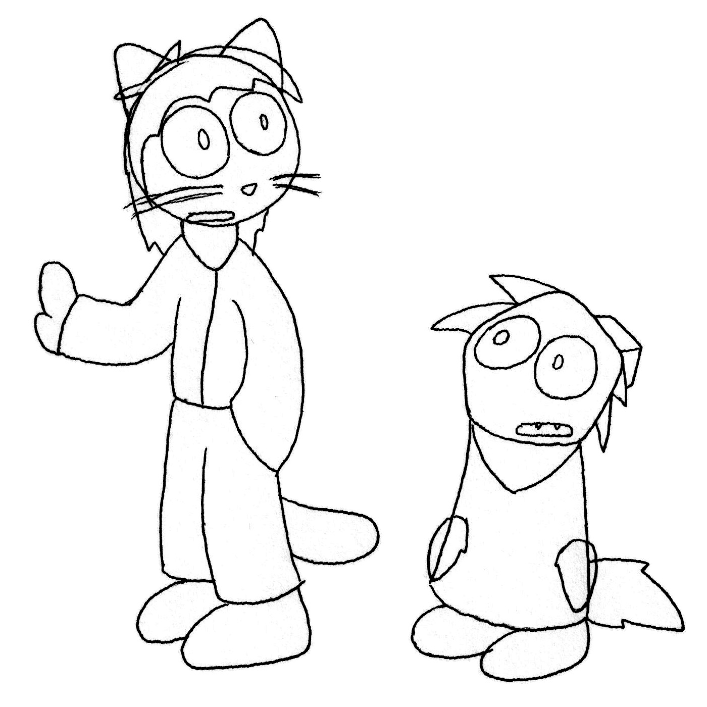A pencil sketch of a tall cat character with long hair and a jacket, and a short character with a long shirt and a tail