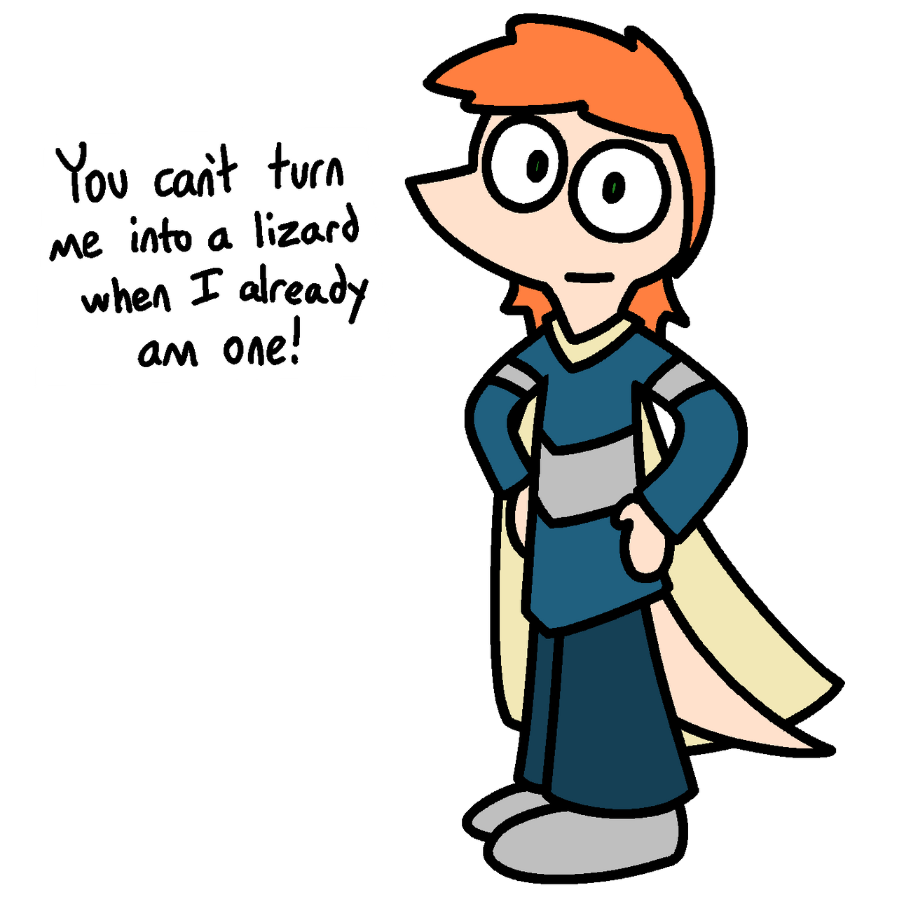 A red-haired caped superhero wearing green and silver, with a lizard snout and tail, saying "You can't turn me into a lizard when I already am one!"