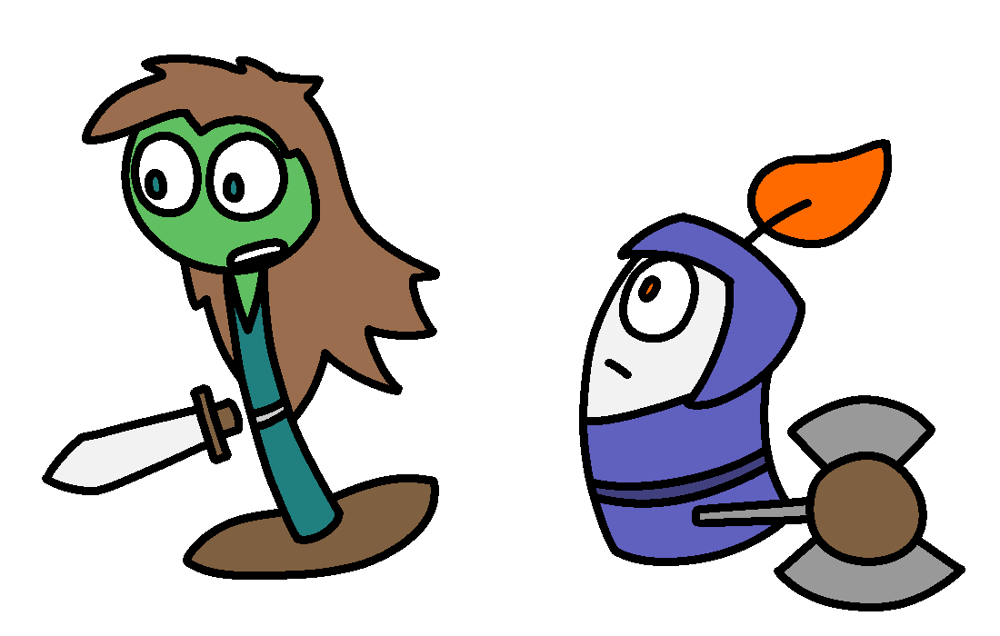 A brown-haired green pedestal fan character charging with a sword, and a blue-clad white candle character with a flame holding an axe  looking upwards thoughtfully
