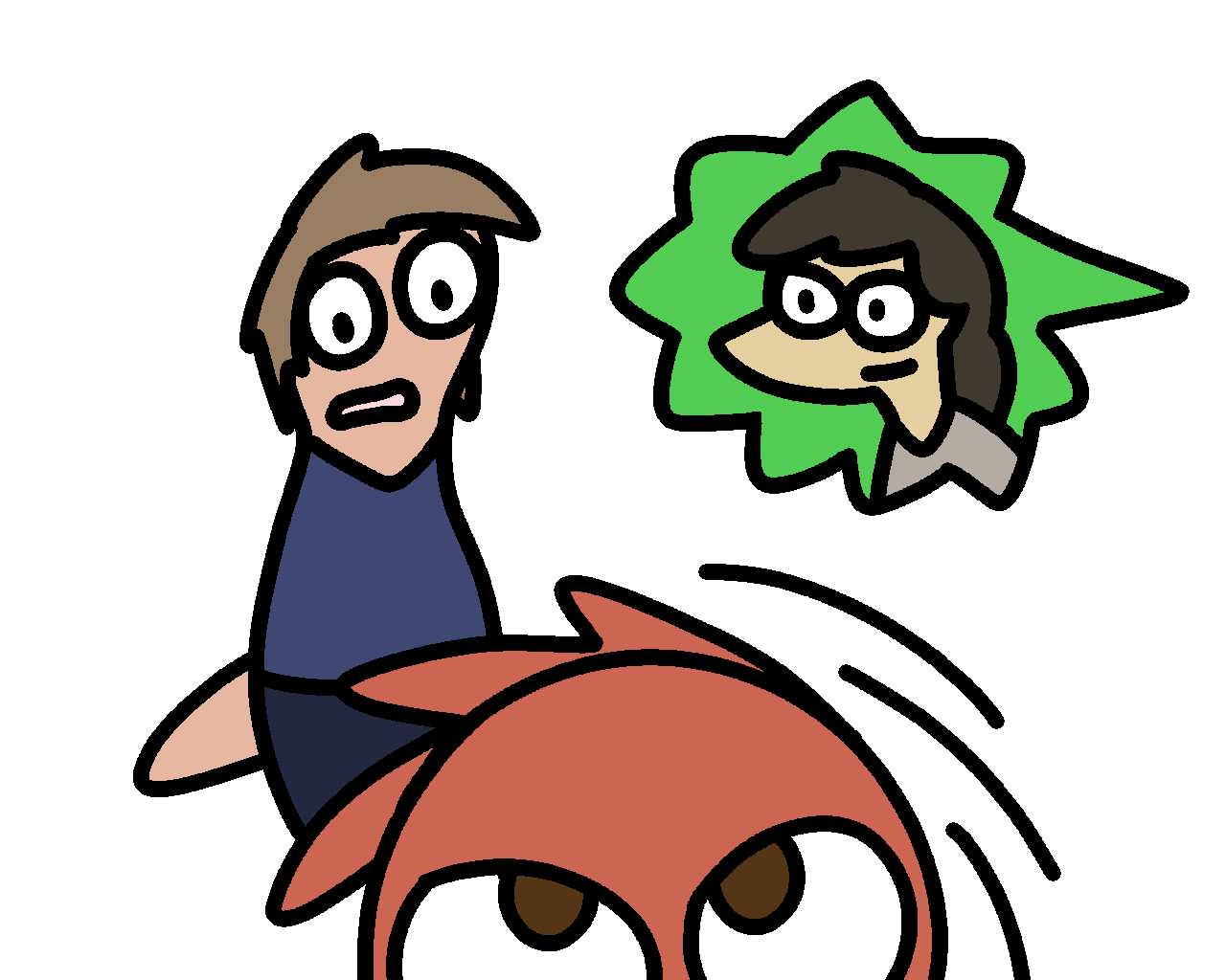 A scared Tyler as a bowling pin, behind Kelper as a bowling ball, and an inset of Zee with an evil smile