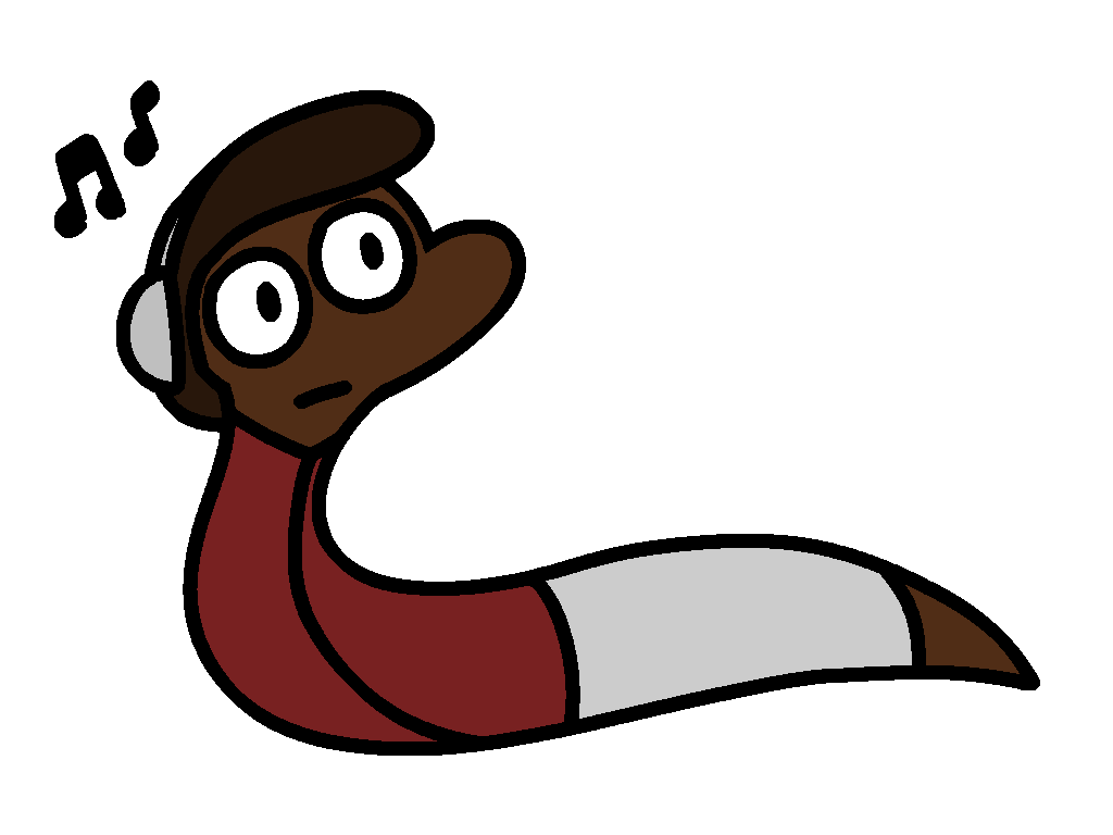 A snake creature with dark brown skin and hair, wearing a sleeveless jacket and listening to music on headphones