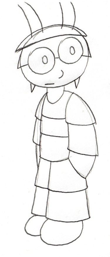 A pencil sketch of Skylar in their suit