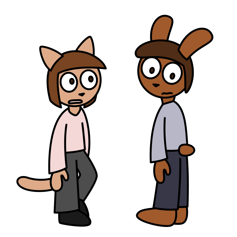 Two humans who have grown animal ears, tails, and noses. One is looking back at his rabbit tail.