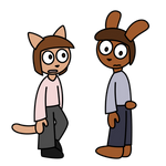 Two humans who have grown animal ears, tails, and noses. One is looking back at his rabbit tail.