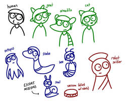 Drawings of the human, goat, armadillo, cat, octopus, snake, bee, robot soldier, snail, and vacuum