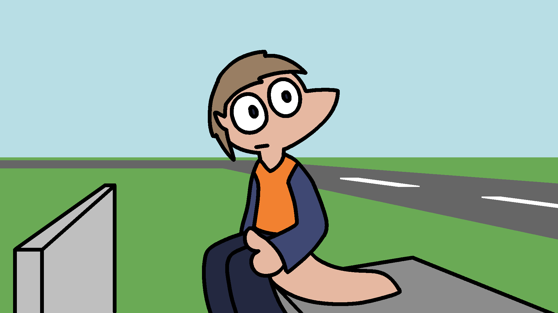 A human/lizard hybrid cartoon character, sitting on a concrete block using his tail, doing a thumbs up with a neutral expression, near a roadway in a field