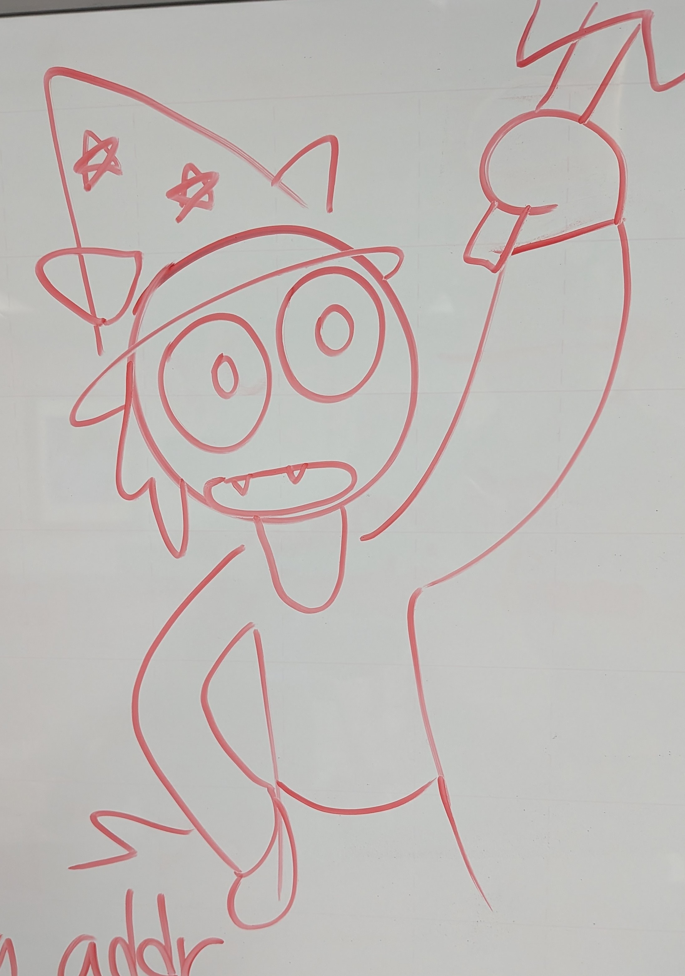 A whiteboard drawing in red pen of Leaf wearing a wizard's hat with a wand