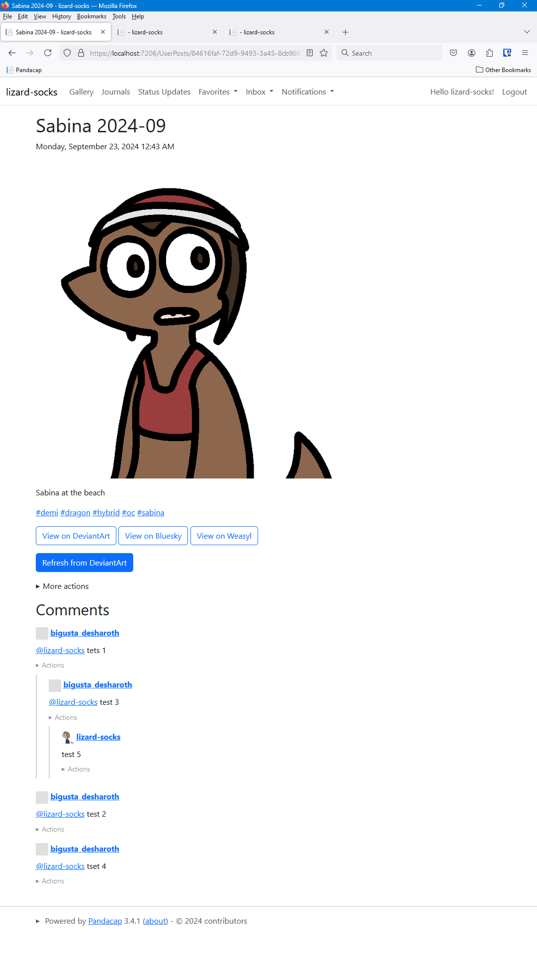 A screenshot of the Pandacap user interface, showing a reply chain