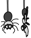 A part-spider person hanging from a web next to a cartoon spider