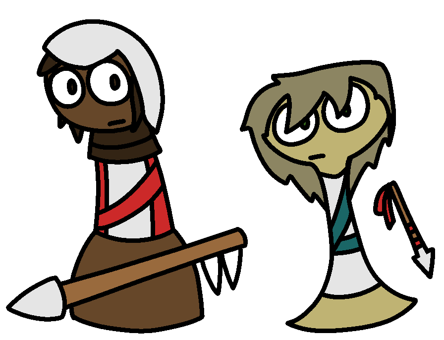 A brown pepper grinder character wearing white and red armor and holding a large lance, and a gold chalice character with dark gold hair and white and green clothes holding a javelin
