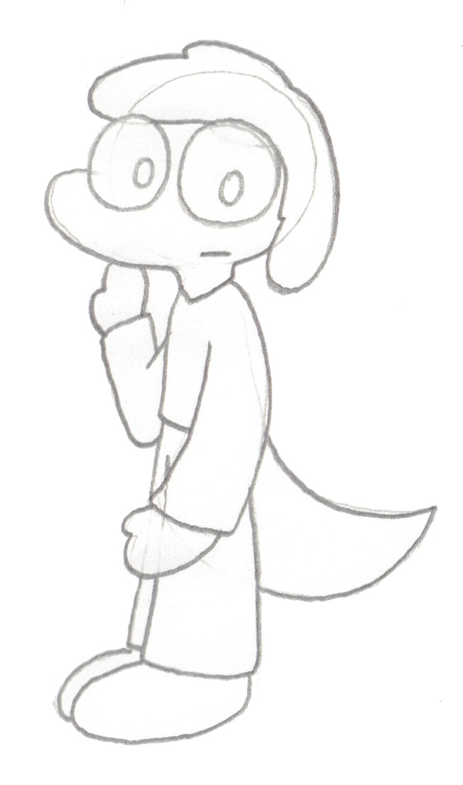 A pencil sketch of Maria as a bipedal lizard