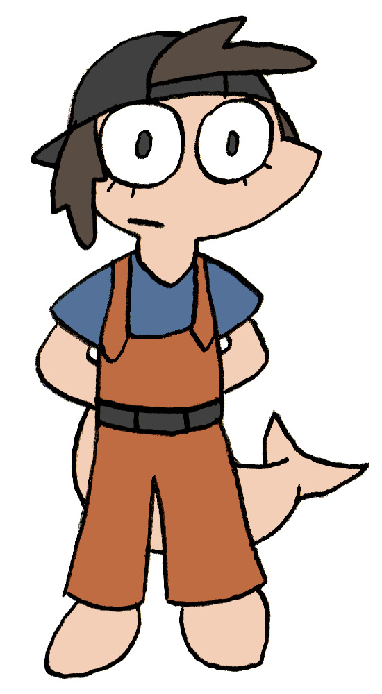 A girl with a shark's nose and tail, wearing orange overalls and a gray cap, hands behind her back