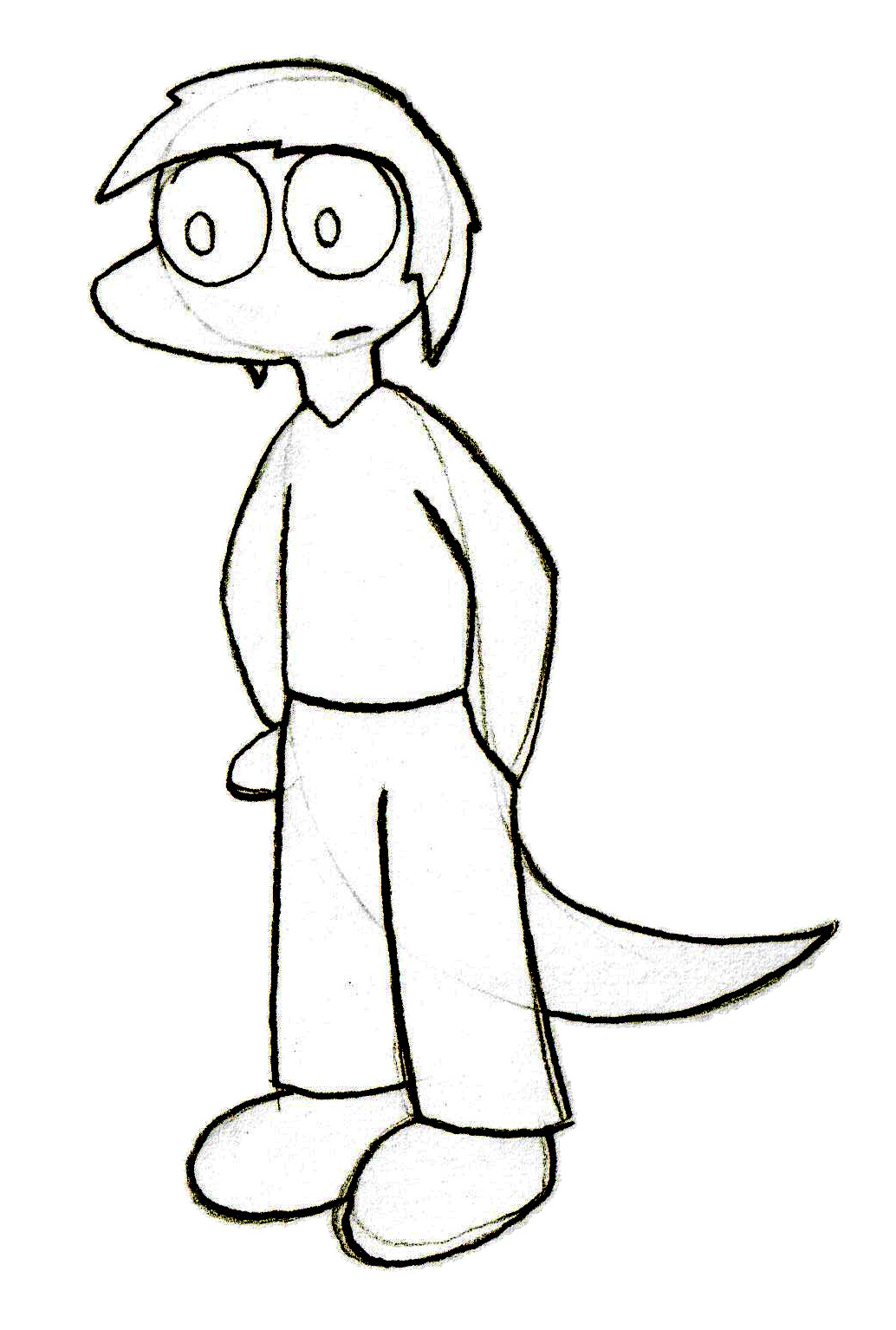 A pencil sketch of a cartoon lizard person with pointy hair looking at the ground