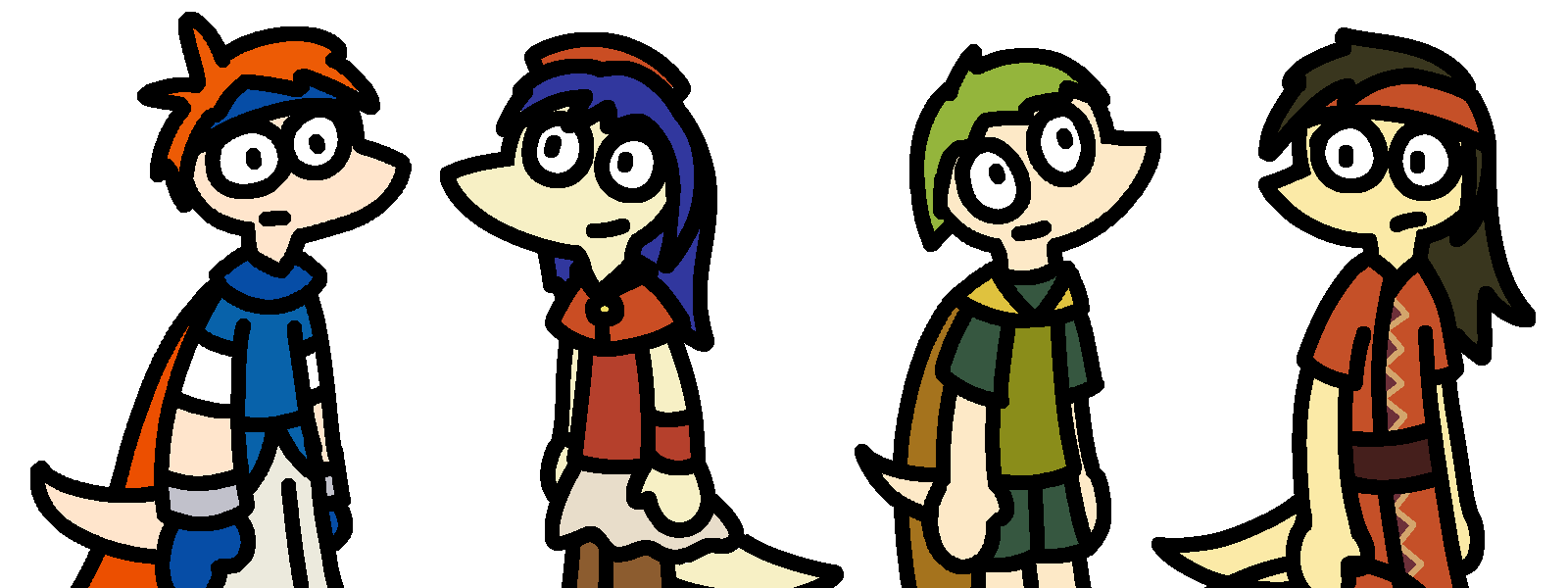 Roy, Lilina, Lugh, and Sue from Fire Emblem, all with lizard snouts and tails