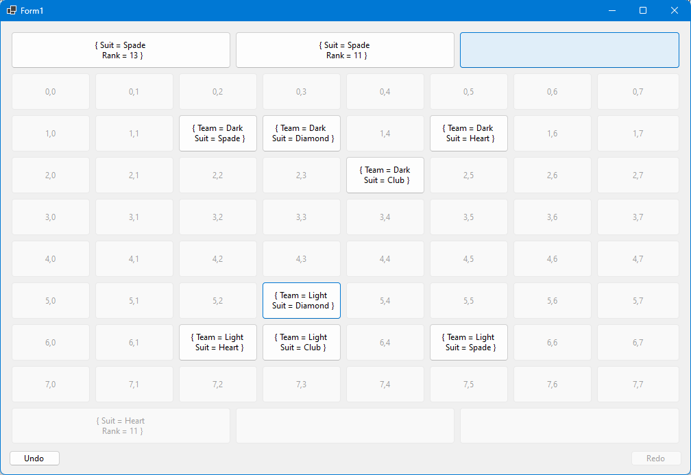 A WinForms user interface for a chess variant, where all buttons are either blank or have long text labels