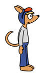 A profile view of Sparkster from the video game Rocket Knight, wearing simple clothes and his helmet