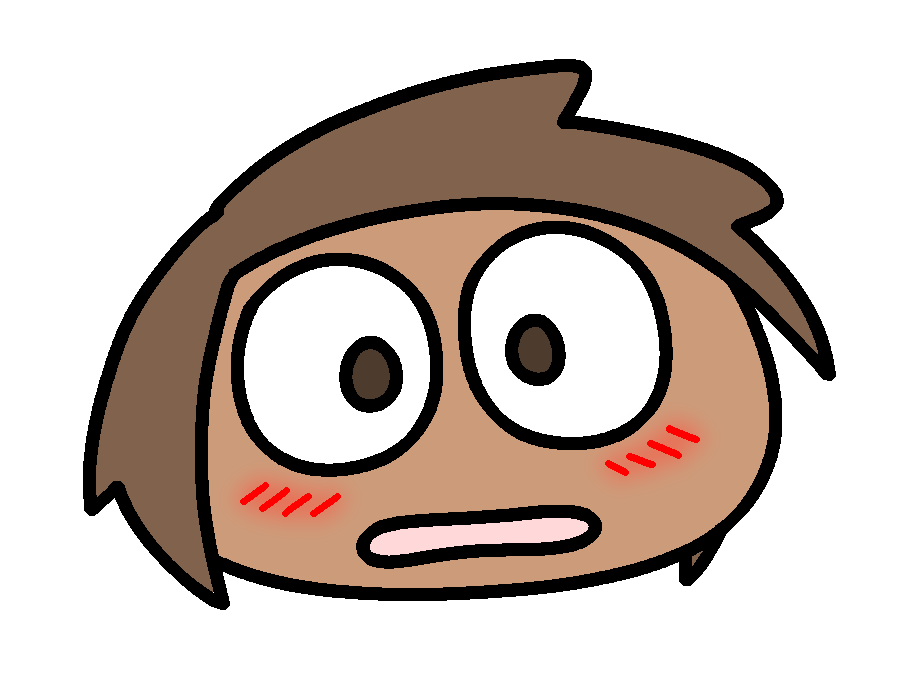 A round blob creature with a human face and hair, astonished and blushing