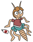 Jamie, an OC of mine, with a nose, antennae, six legs, and other features of a mosquito, next to a bottle of bug spray