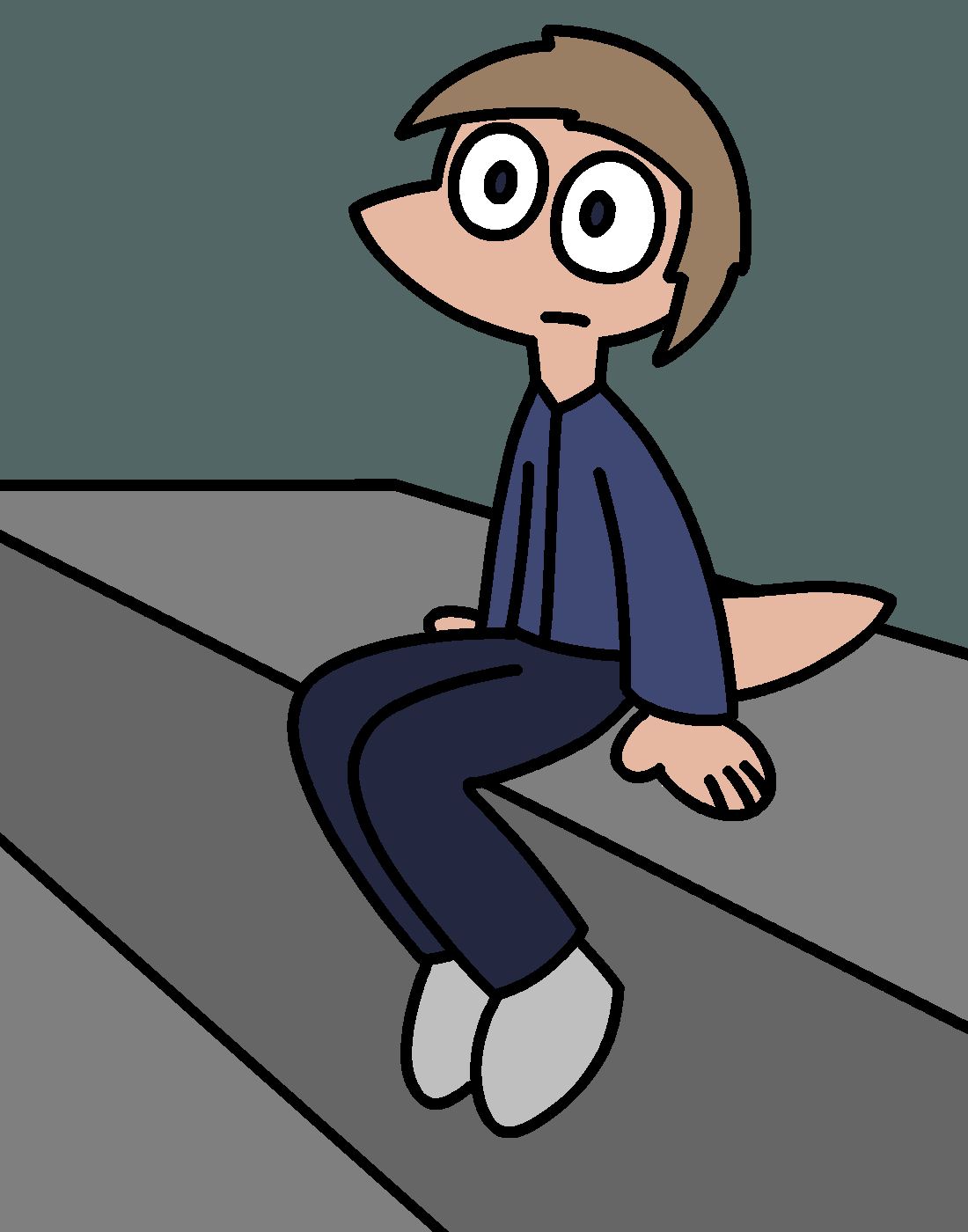 A person with light human skin and hair, and a lizard snout and tail, wearing a jacket and sitting on a concrete ledge