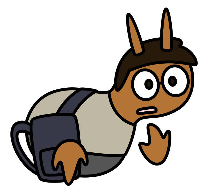 My human OC Zahir in the form of Odri's species (with no legs, floating arms, and antennae), holding a backback and looking taken aback