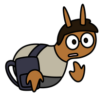 My human OC Zahir in the form of Odri's species (with no legs, floating arms, and antennae), holding a backback and looking taken aback