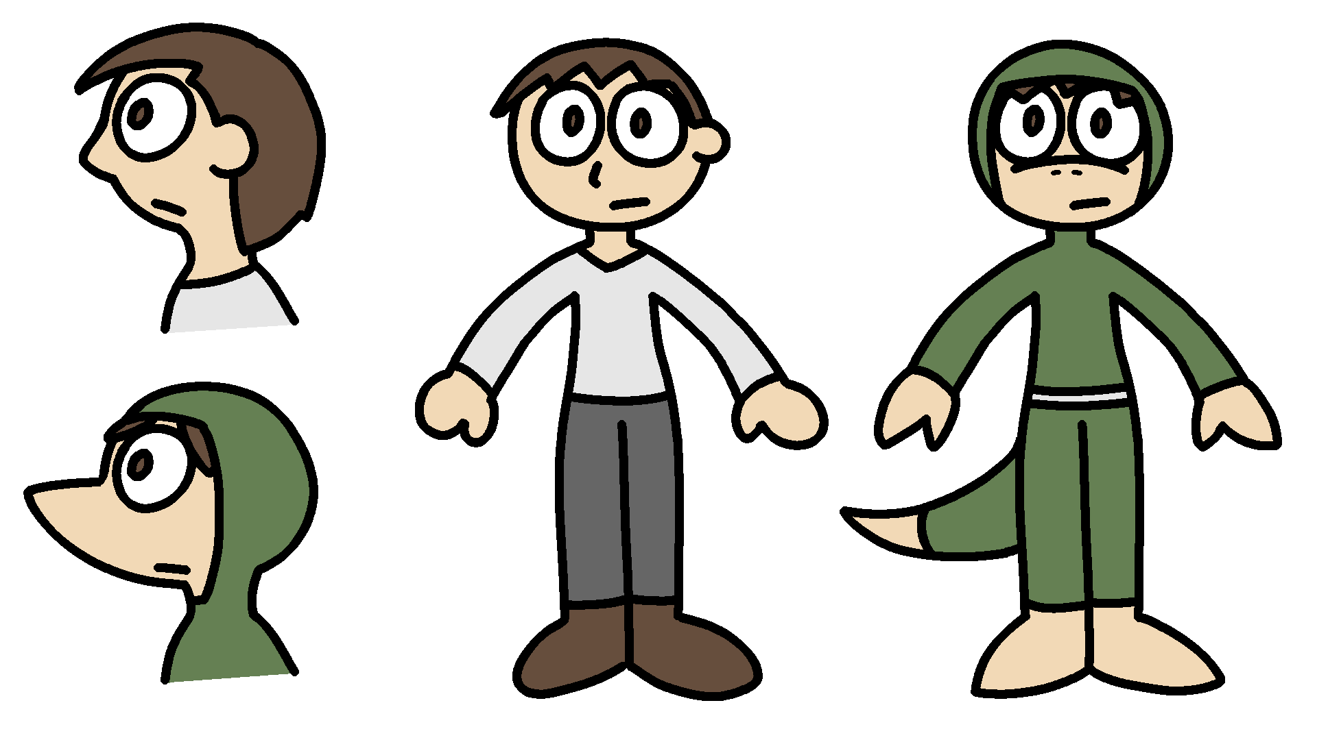 A human character in normal clothes, next to a picture of him in a bodysuit where he's grown a snout and tail