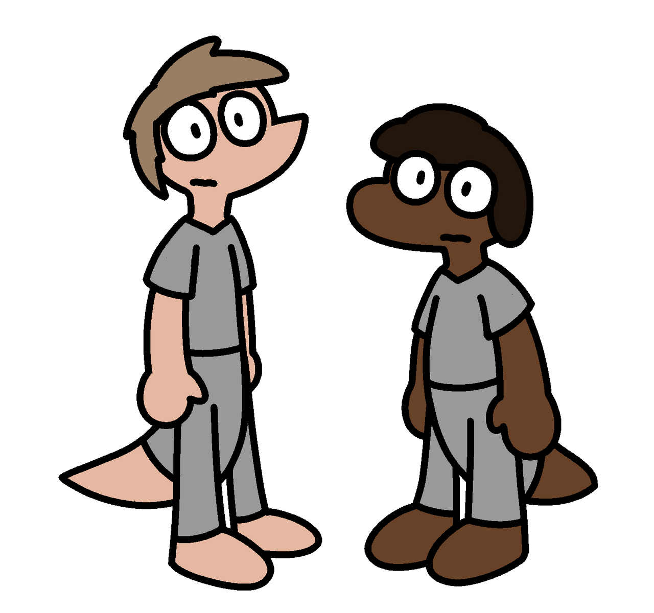 Two human-ish characters with lizard snouts and tails, barefoot and wearing gray shirts and pants, looking nervous