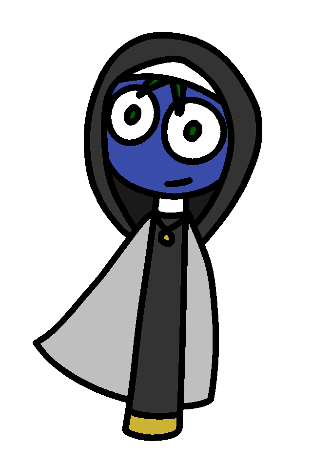 A floating staff character with a blue orb for a head, wearing a Western nun's clothing and a cape