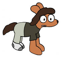 A four-legged dog with human color, hair, and clothes, including shirt, pants, and back socks