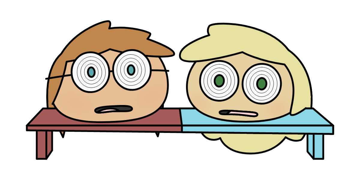 Cartoon drawings of small horizontal oval-shaped creatues with human faces and hair, with a cartoon hypnosis expression, on a shelf