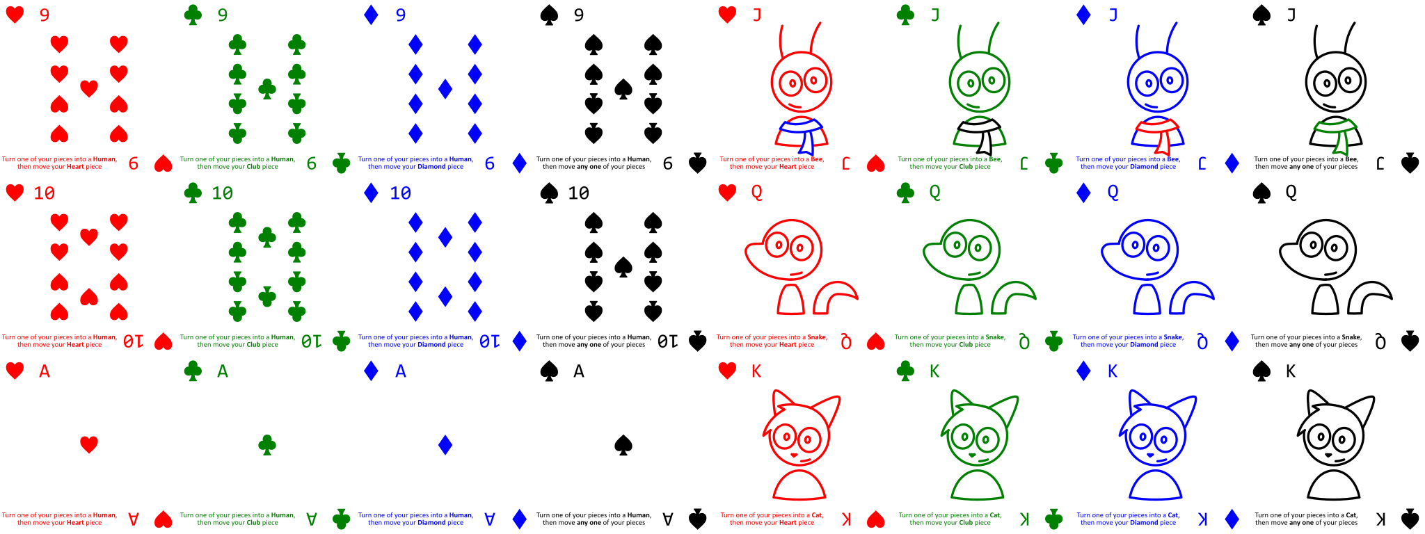 24 square playing cards, some with drawings of cartoon bees, snakes, and cats