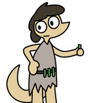 A lizard biped with human skin and hair, wearing a sleeveless shirt torn off jaggedly just above the knees, holding a green vial, while other vials are on her belt