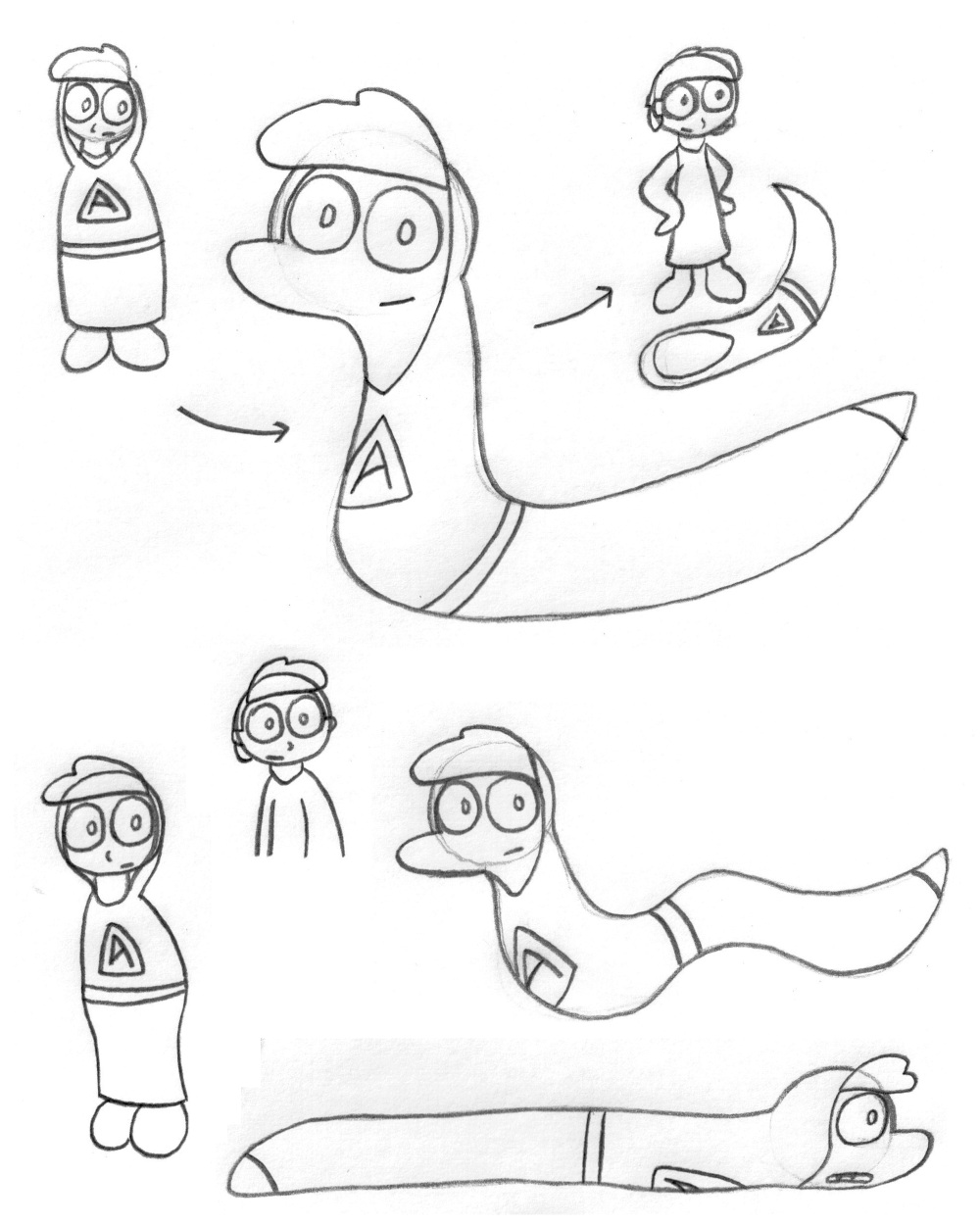 Pencil drawings of a cartoon character as both a human and a snake, with an A on the chest of the costume