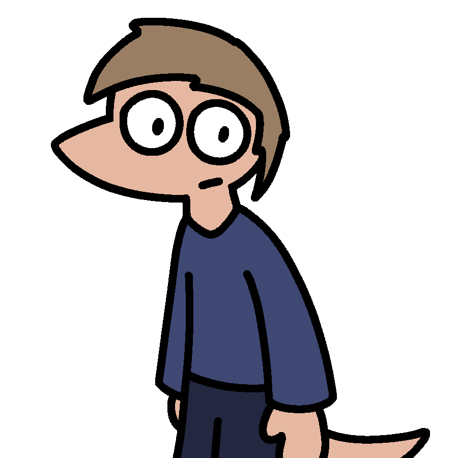A white guy with fluffy brown hair and a lizard snout and tail, wearing blue and looking behind him apprehensively