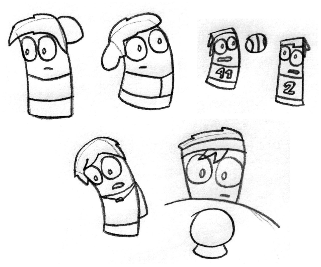 Uncolored pencil cartoon sketches of people in the shape of rectangles with no limbs, doing things like bending over, looking into a crystal ball, or playing sports