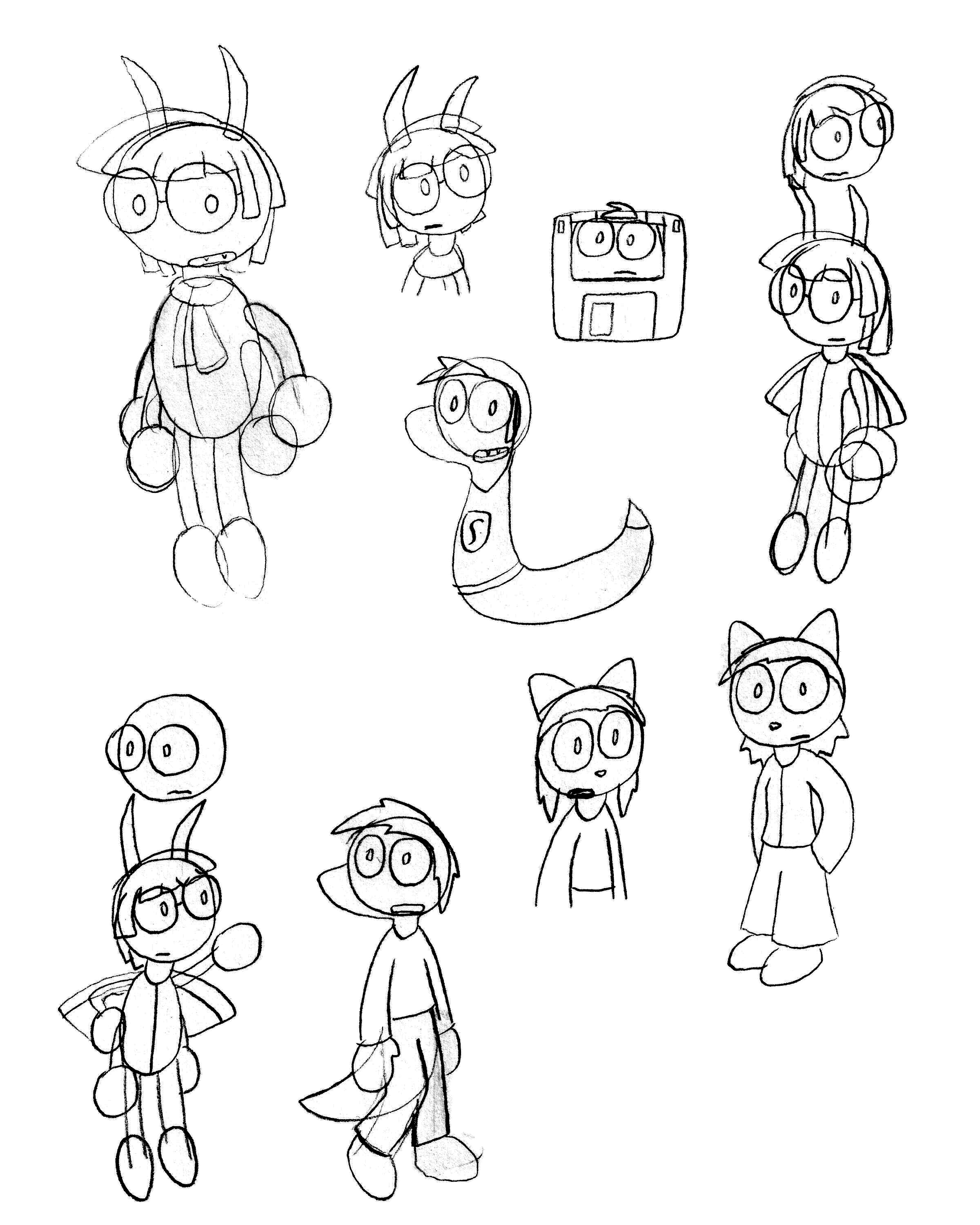 Rough pencil sketches of Ledian Bugsy, Tyler, and Looper