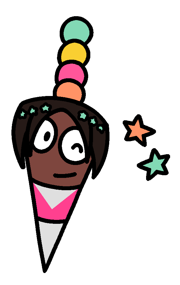 Timerra from "Fire Emblem: Engage" as a downward-pointing Iron Greatlance, with her hair decorations as the handle, winking at the viewer with pink and blue stars to the side