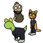 Sheleth (a dinosaur alien), Pyrite (an alien who looks like an R2 droid or a salt shaker), and Misam (a cat alien)