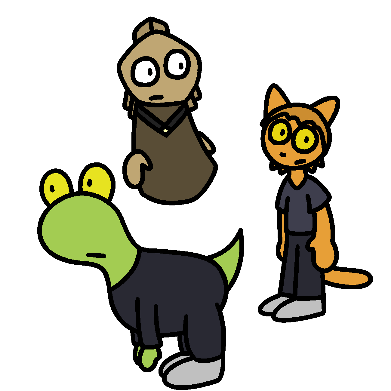 Sheleth (a dinosaur alien), Pyrite (an alien who looks like an R2 droid or a salt shaker), and Misam (a cat alien)