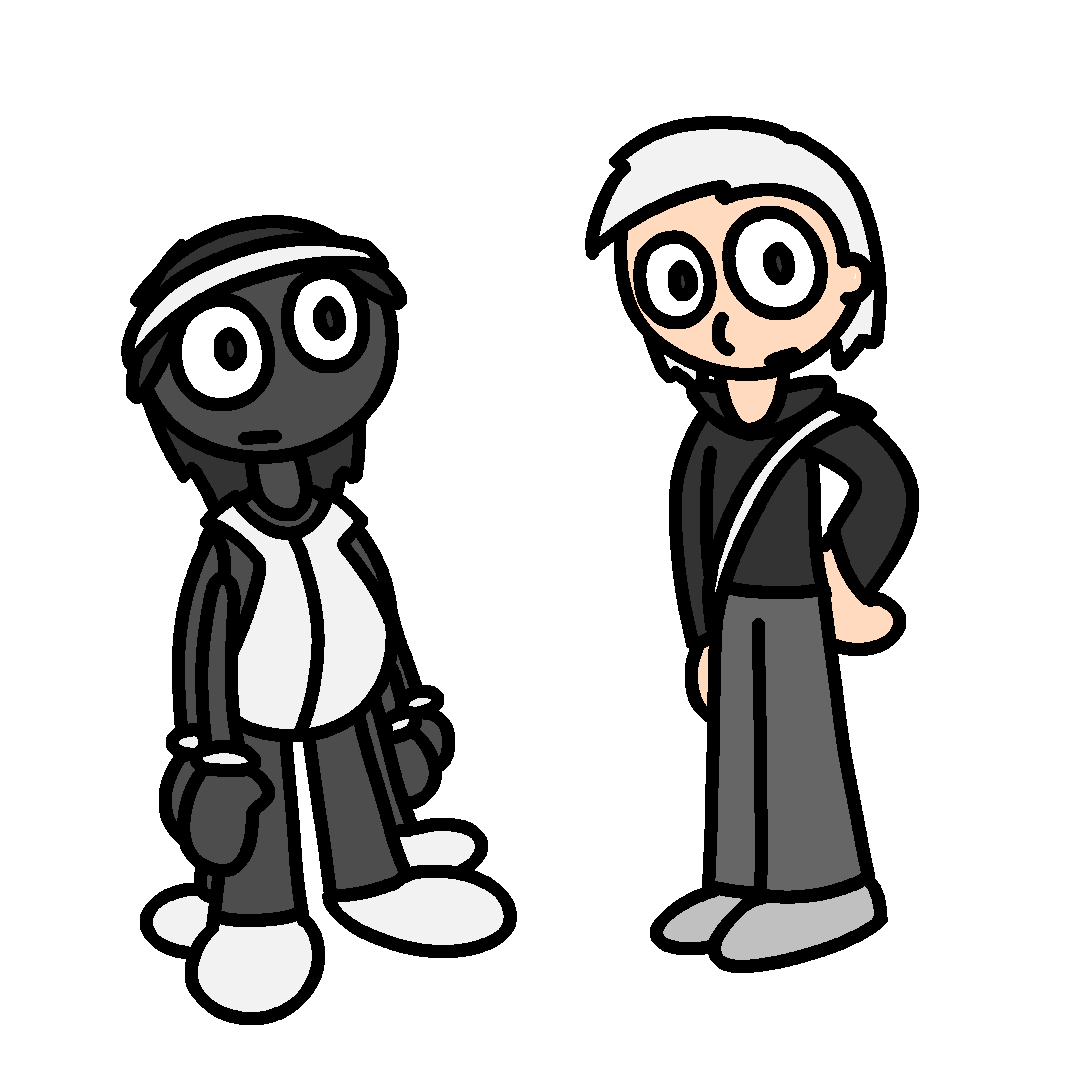 Two characters, a gray spider person and a human, wearing black and white outfits