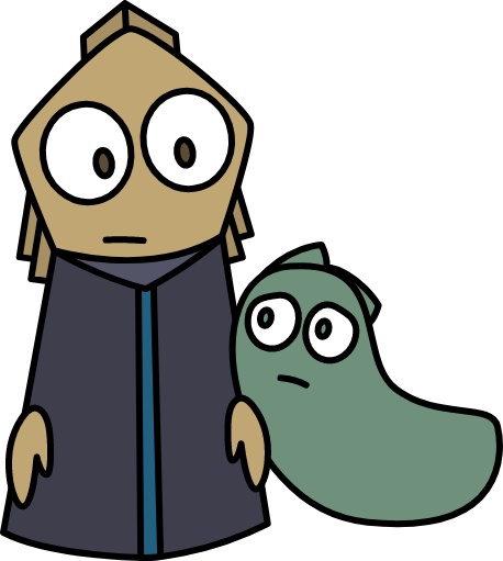 A soft gooey creature with a sad expression, leaning up against Pyrite, who is looking at him