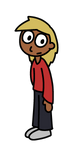 A human with medium-dark skin tone, long blonde hair, and a red shirt and gray pants