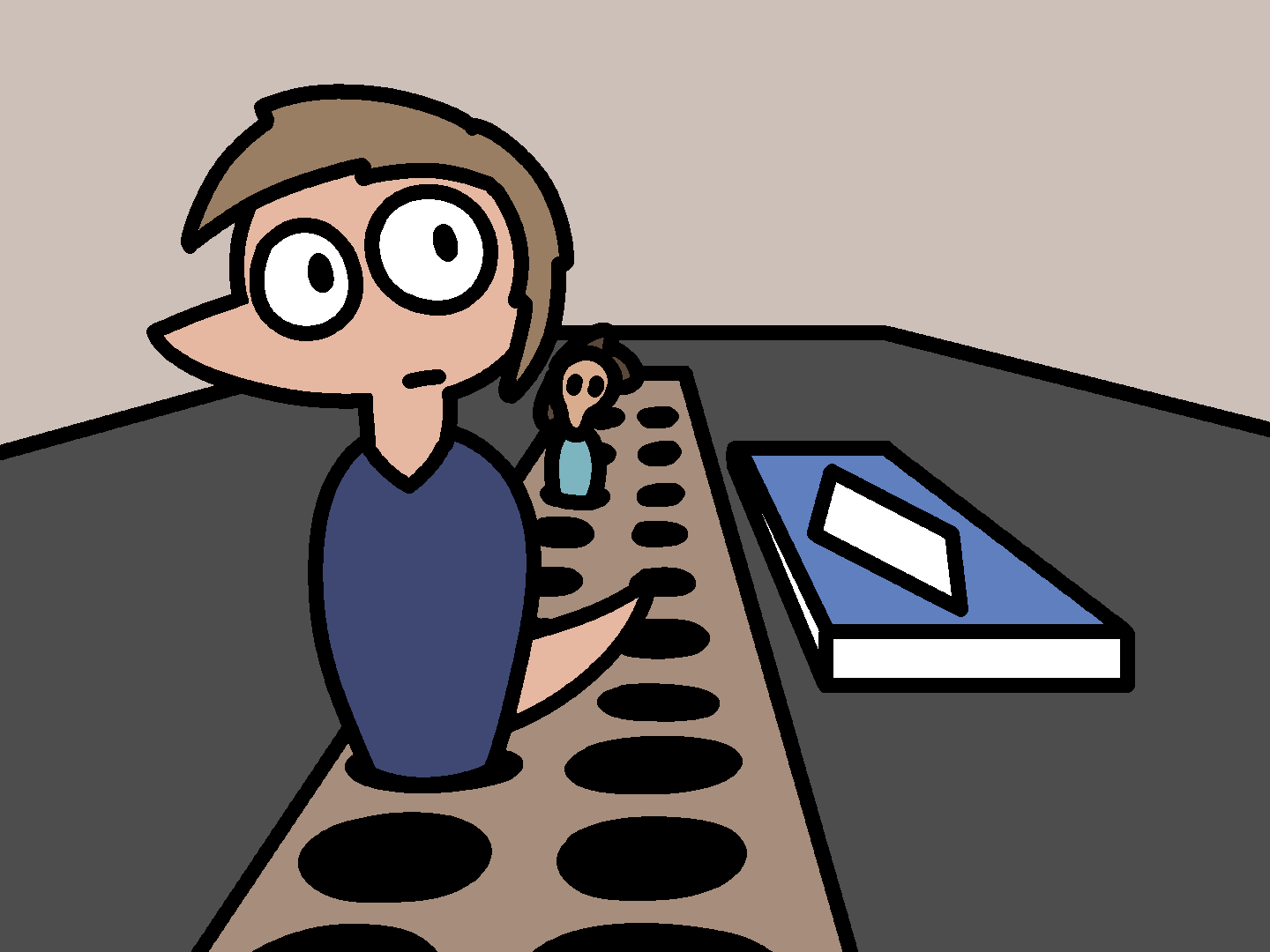 Tyler and another character as cribbage pegs in a cribbage board