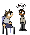 Zahir, a human, talking about Pokémon to Odri, a part-human alien, who is sitting on a chair