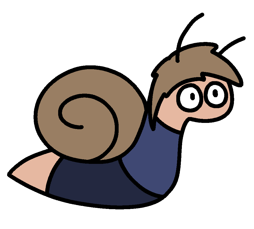 Tyler in snail form, with eyes on his head like normal but with a big shell behind his shirt and with no limbs