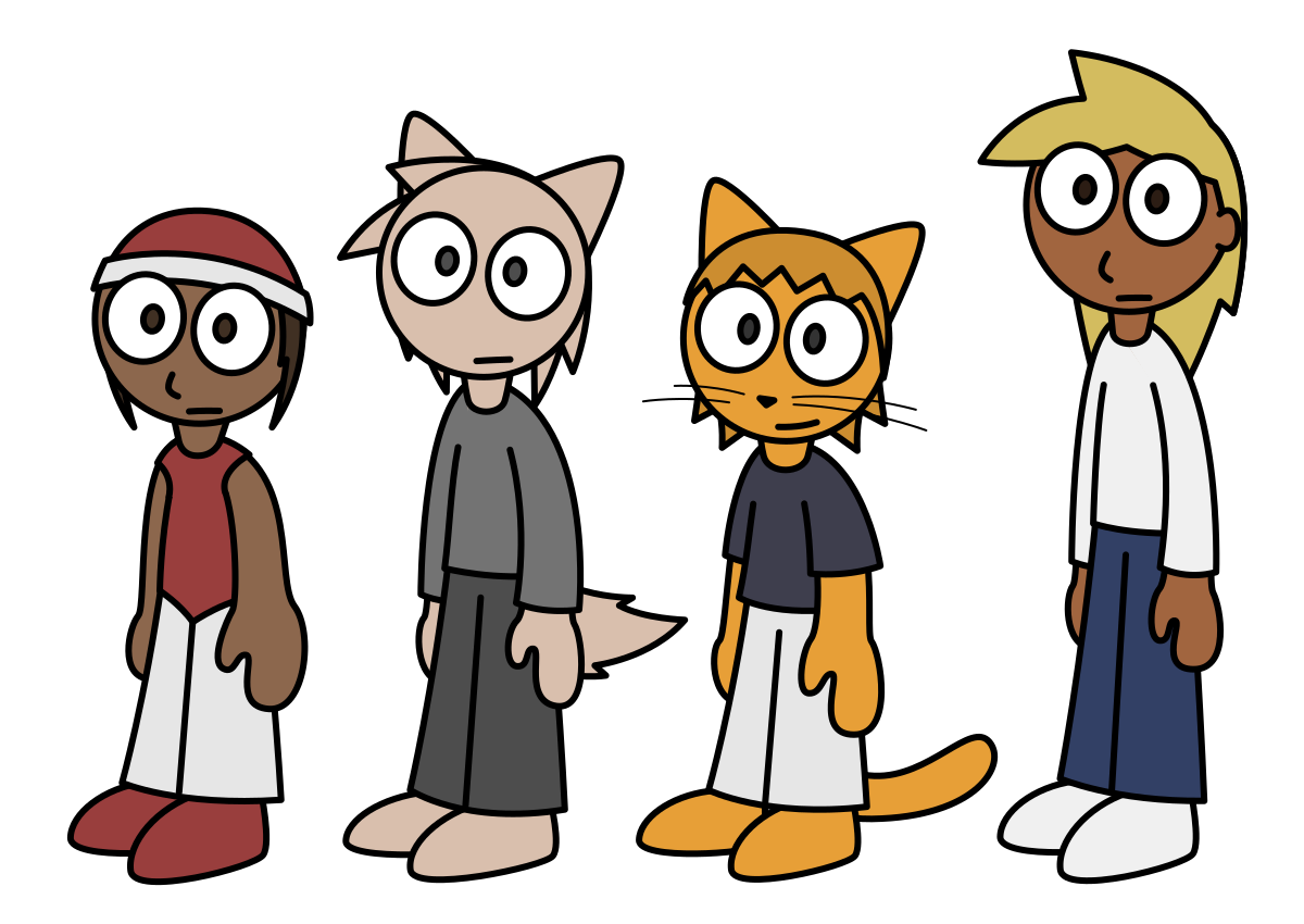 Vector drawings of Sabina, Leaf, Misam, and Ashley in the same generic pose